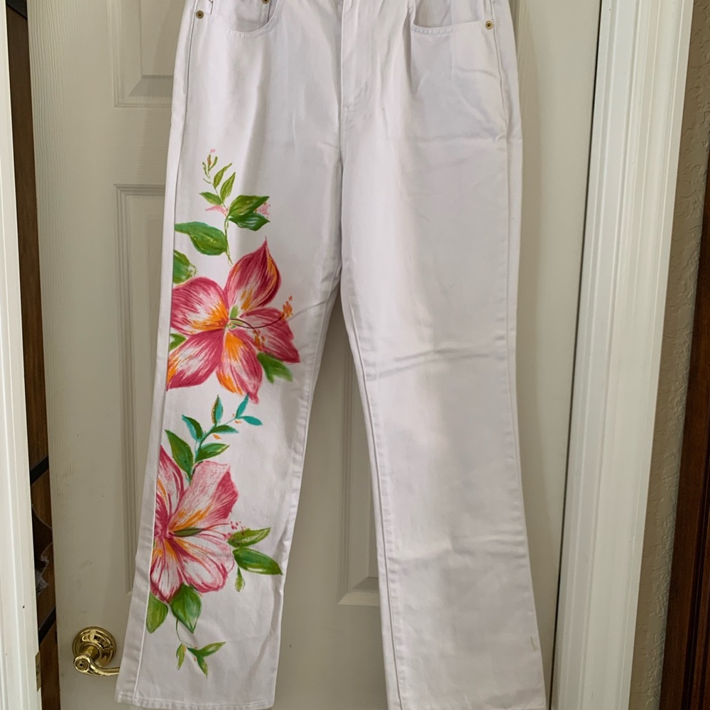 White Straight Leg Jeans with Pink Floral Side Detail